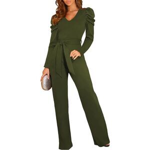 BLENCOT V-Neck Wide Leg Olive Green Jumpsuits Sz XXL